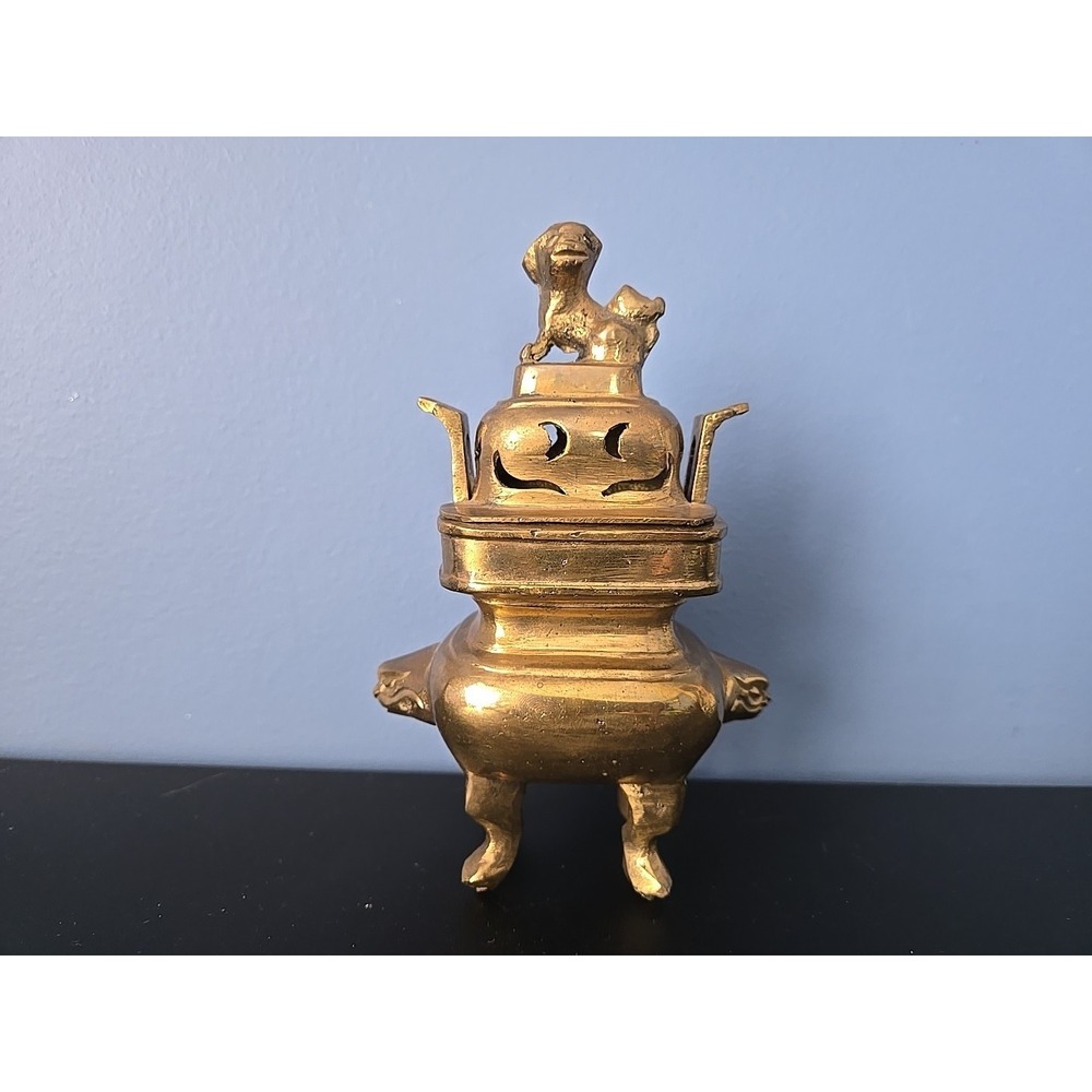 ANTIQUE 19c CHINESE LARGE BRONZE BRASS FOO-DOG INCENSE BURNER‎  CENSER ON STAND